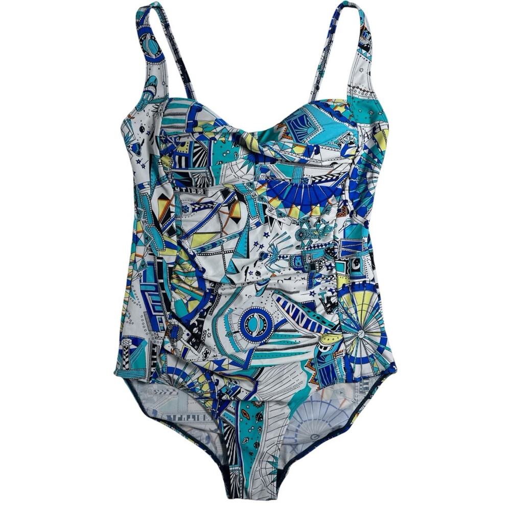 Romenza One Piece Swimsuit Women Medium Blue Geometric Print Padded Nautical